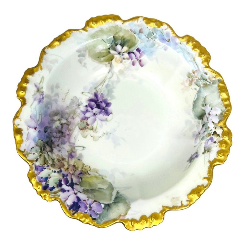 Vintage JPL France Porcelain Gold Rim Floral Design Salad Bowl 7"